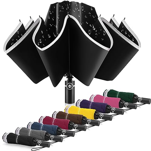Bodyguard Inverted Umbrella Large Windproof Umbrellas for Rain Sun Travel Umbrella Compact with Reflective Stripe, Black-46 INCH - Image 1