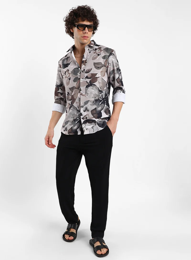 كامبوس سوترا Men's Saltbox Beige Artistic Foliage Shirt