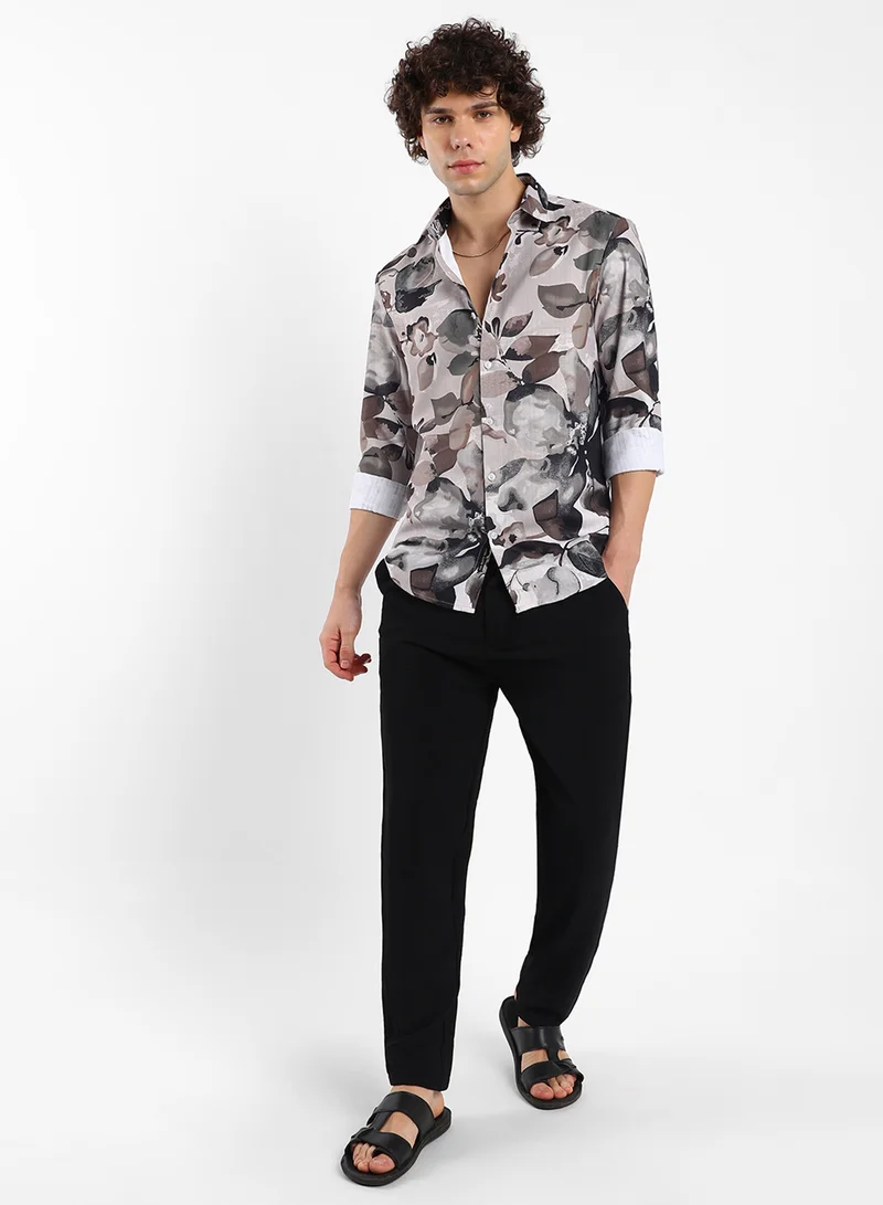 كامبوس سوترا Men's Saltbox Beige Artistic Foliage Shirt
