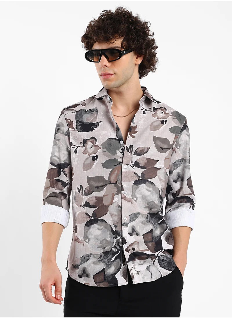 كامبوس سوترا Men's Saltbox Beige Artistic Foliage Shirt