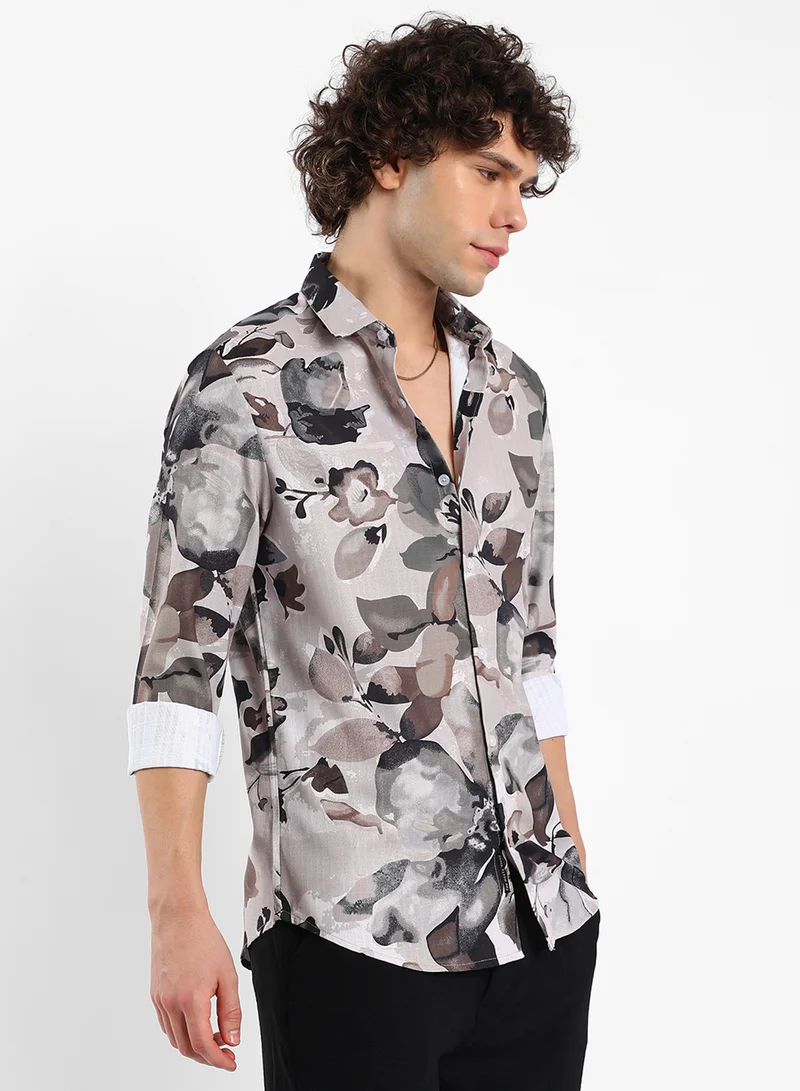 كامبوس سوترا Men's Saltbox Beige Artistic Foliage Shirt