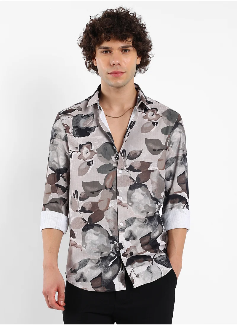 كامبوس سوترا Men's Saltbox Beige Artistic Foliage Shirt