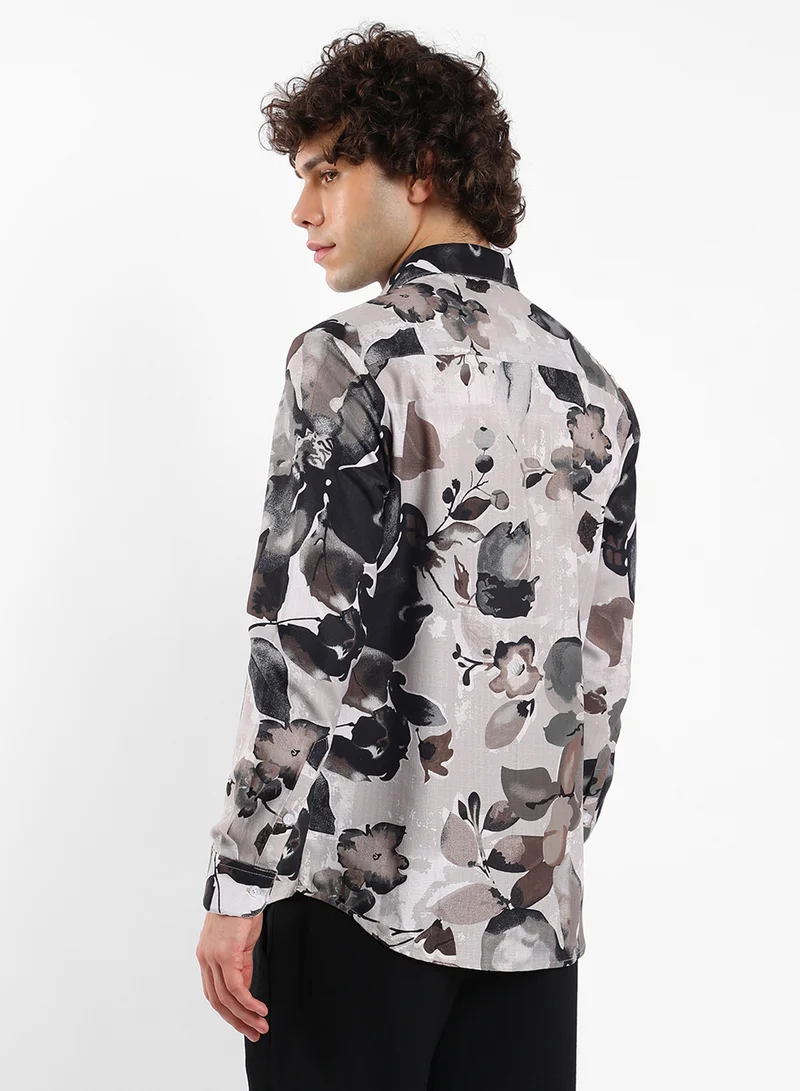 كامبوس سوترا Men's Saltbox Beige Artistic Foliage Shirt