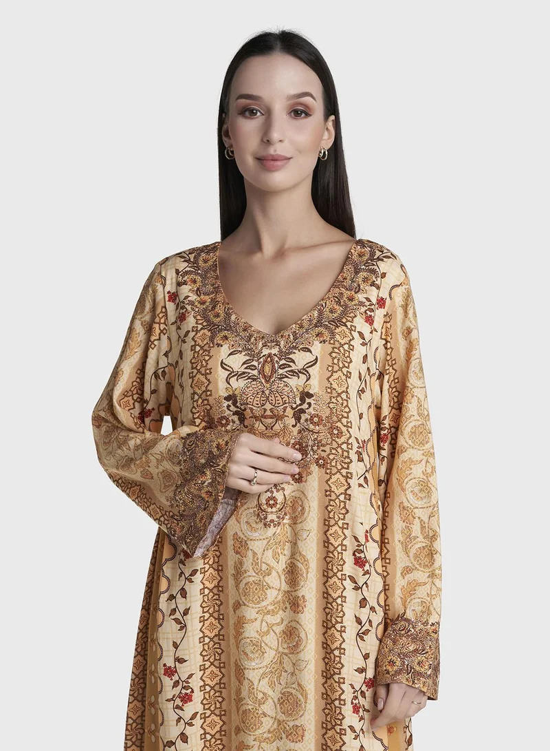 Kashkha Mango Colour Stone Work Rayon Vine Printed Jalabiya (VDE411)