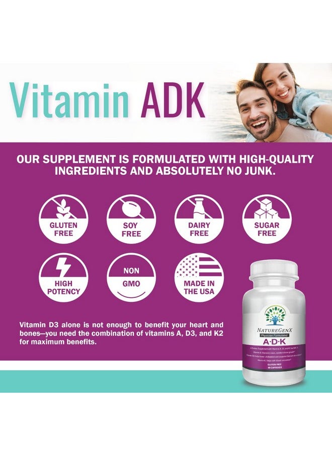 NatureGenX - Vitamin Adk Vitamin A Supplement Vitamin D3 5000 Iu Vitamin K2 Mk7 Vitamin A Vitamin D3 And K2 For Bone Heart And Immunity; 2 Months Supply Of Adk Vitamin Supplement (60 Capsules) - Image 1