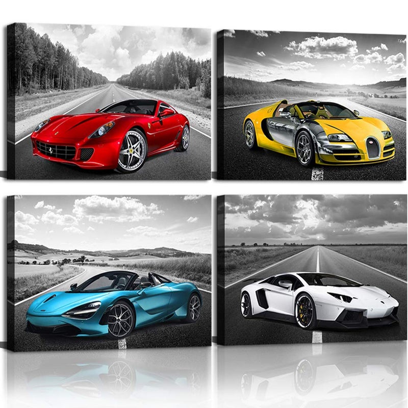 CANVASZON Car Poster Decor Black and White Wall Art Framed Car Art for Teen Boys Man Bedroom DÃ©cor Sports Posters Ferrari Lamborghini McLaren Bugatti Canvas Posters for Office Room Decor Gift for Teen Boys - Image 1