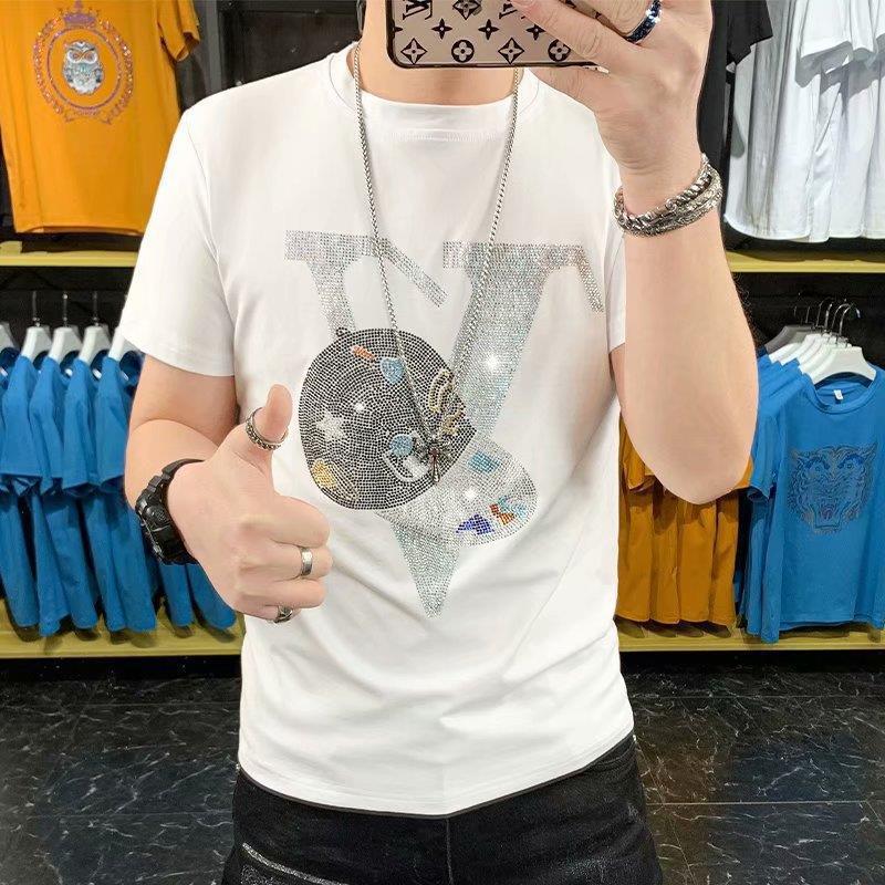 2024 New Summer Fashion Brand Mens Hot Drilling Sequin Clothes Young Spiritual Guy Slim-fit Handsome Short-sleeved T-shirt White - Image 1