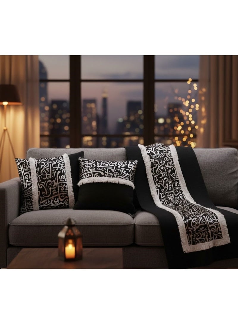Islamic Ramadan Style Sofa Set - 3 Pieces (Runner + 2 Cushions) - Black with Silver Ornaments - Image 2