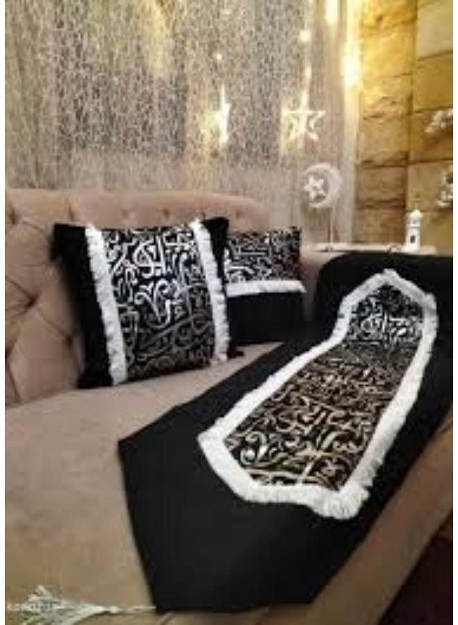 Islamic Ramadan Style Sofa Set - 3 Pieces (Runner + 2 Cushions) - Black with Silver Ornaments - Image 5