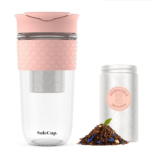 SoleCup. Large Travel Mug Loose Tea Infuser - Detachable Tea Strainer with Spill Proof Lid - 18oz/530ml BPA-Free Reusable Glass Travel Coffee Cup with Silicone Band (Pink, 18oz) - Image 1