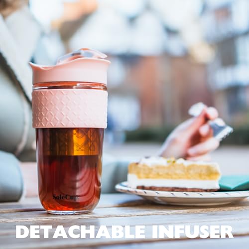 SoleCup. Large Travel Mug Loose Tea Infuser - Detachable Tea Strainer with Spill Proof Lid - 18oz/530ml BPA-Free Reusable Glass Travel Coffee Cup with Silicone Band (Pink, 18oz) - Image 5