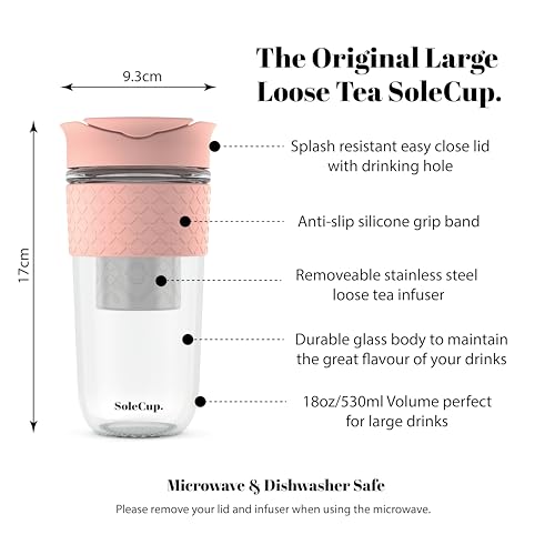 SoleCup. Large Travel Mug Loose Tea Infuser - Detachable Tea Strainer with Spill Proof Lid - 18oz/530ml BPA-Free Reusable Glass Travel Coffee Cup with Silicone Band (Pink, 18oz) - Image 2