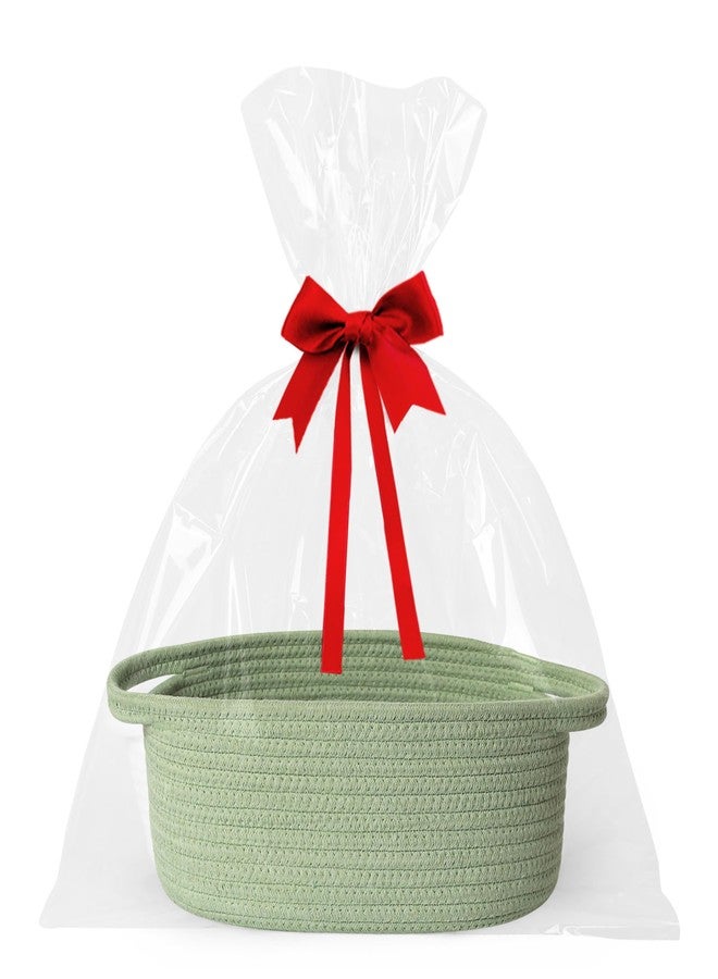 WILLITAT Small Baskets for Gifts Empty, 13"x 9"x 5" Woven Gift Basket with Bag and Ribbon, Cotton Rope Kids Dog Cat Toy Bin Box, Cute Baby Nursery Organizer, Decorative Storage with Handles, Green - Image 1