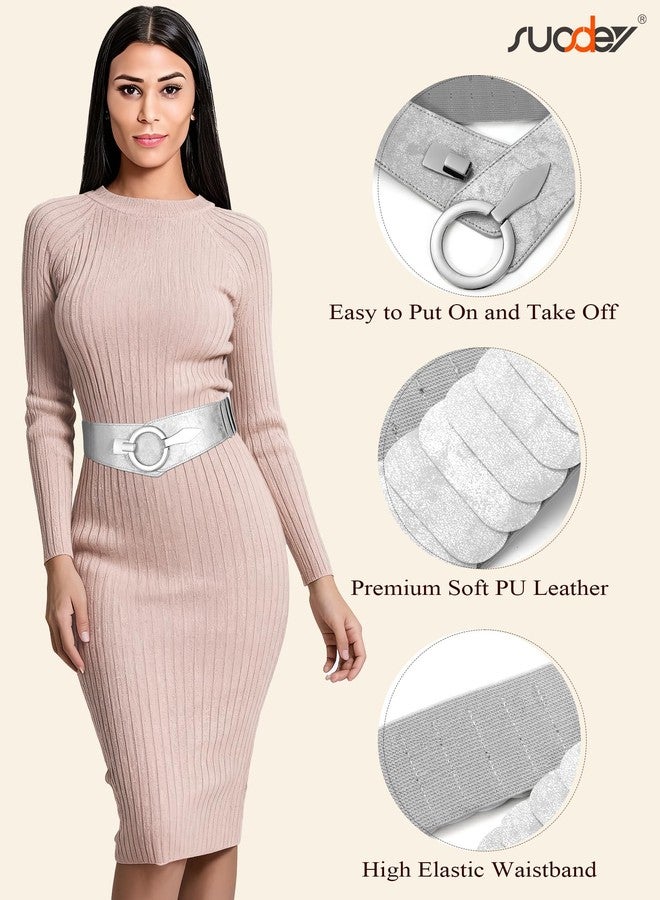 سوزدي حزام خصر مطاطي عريض من SUOSDEY للنساء، مزود بإبزيم فضي سهل الاستخدام، مناسب للفساتين، فضي، مقاس صغير - Image 2