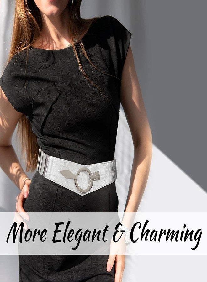 سوزدي حزام خصر مطاطي عريض من SUOSDEY للنساء، مزود بإبزيم فضي سهل الاستخدام، مناسب للفساتين، فضي، مقاس صغير - Image 4