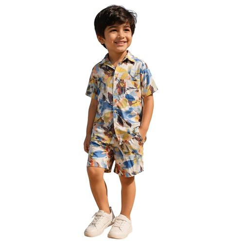 superminis Boys Coordinated Set With Printed Rayon Shirt and Shorts (3-4 Years, Blue) - Image 1