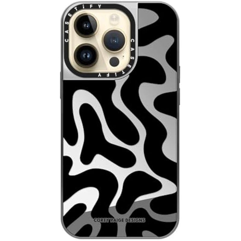 Casetify Mirror Case for iPhone 14 Pro Compatible with Magsafe - Black Abstract Shapes - Silver on Silver - Image 4