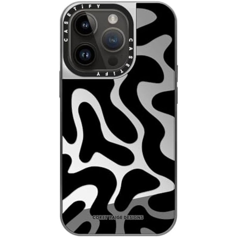 Casetify Mirror Case for iPhone 14 Pro Compatible with Magsafe - Black Abstract Shapes - Silver on Silver - Image 3