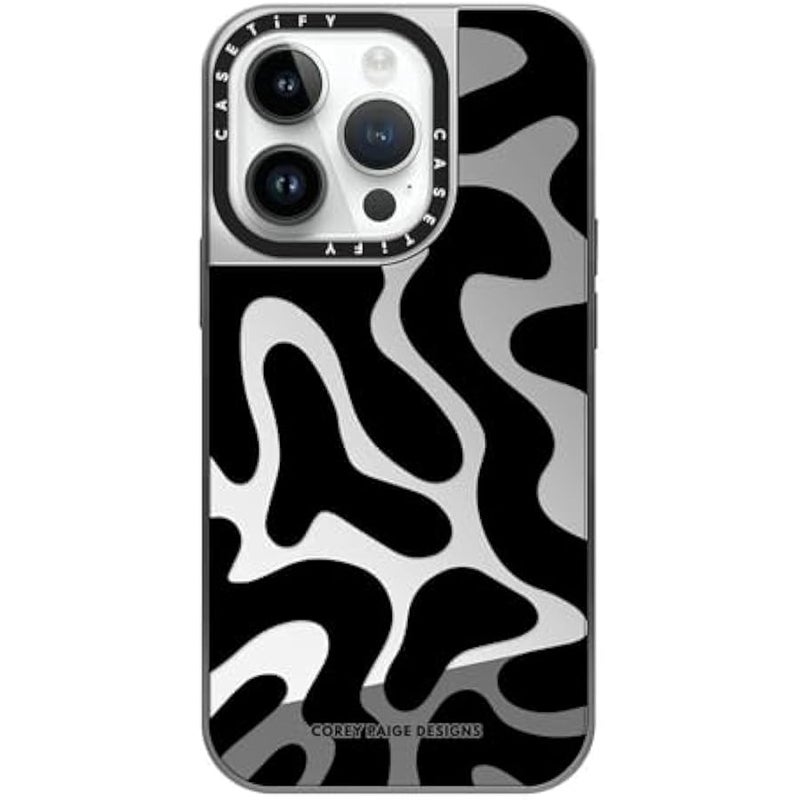 Casetify Mirror Case for iPhone 14 Pro Compatible with Magsafe - Black Abstract Shapes - Silver on Silver - Image 1
