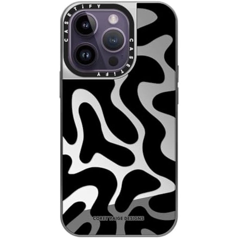 Casetify Mirror Case for iPhone 14 Pro Compatible with Magsafe - Black Abstract Shapes - Silver on Silver - Image 2