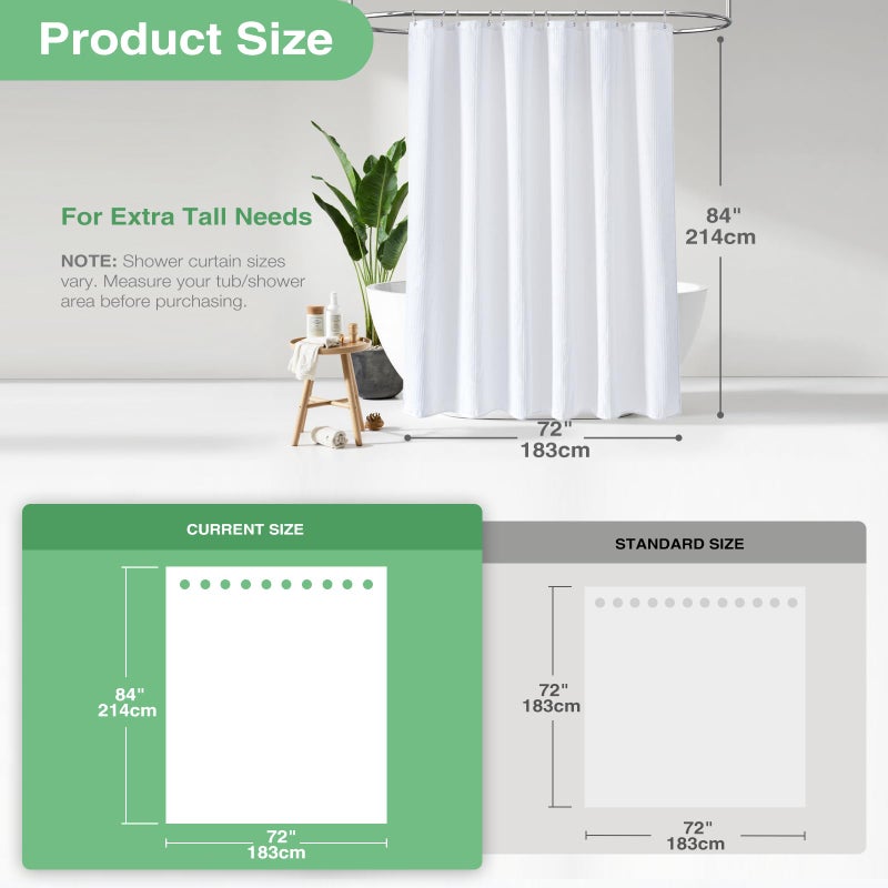 Dynamene Extra Long Fabric Shower Curtain - Waffle Weave 84 Inches Long Heavy Duty Cloth Shower Curtains for Bathroom, 256GSM Tall Hotel Luxury Bath Curtain Set with 12 Plastic Hooks(72Wx84H, White - Image 2