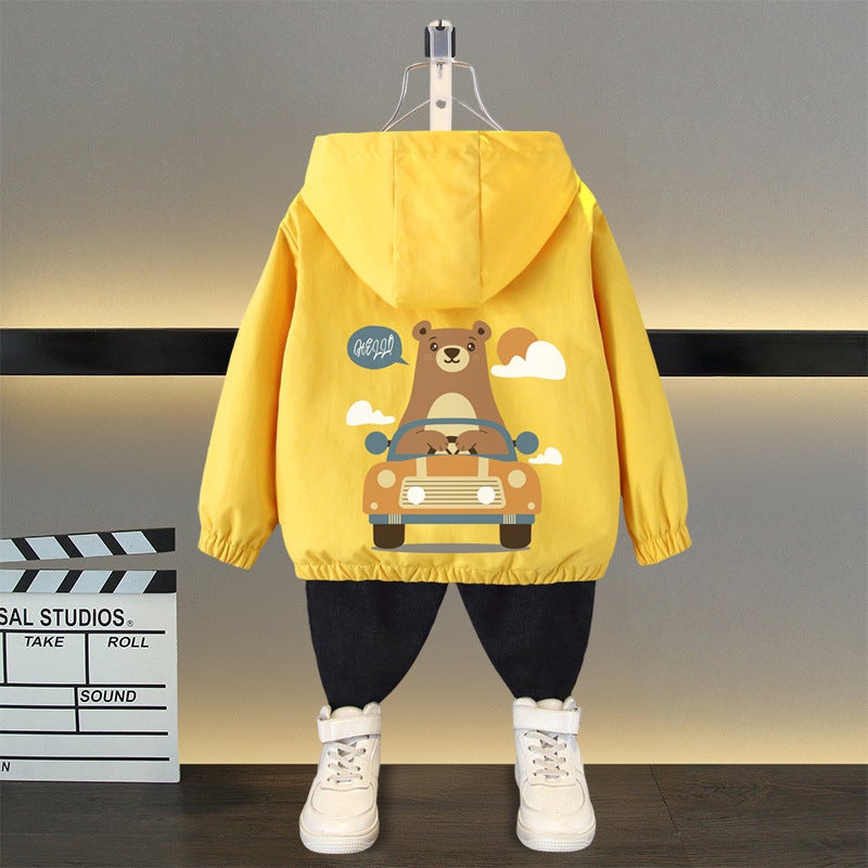 Childrens Spring Coat 2025 New Boys and Girls Fashion Cartoon Hooded Windbreaker Boys Casual All-match Jacket Yellow (Car Bear) 