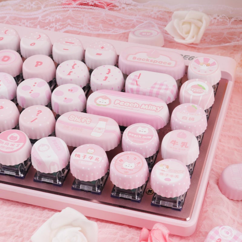 Tsungup PBT Keycaps - Round Bottle Cap Pink Keycaps,130 Keys NOG Profile Cute Peach Milk Custom Keycap Set Dye Sublimation Keyboard caps for Cherry Gateron MX Swithes Mechanical Keyboard - Image 3