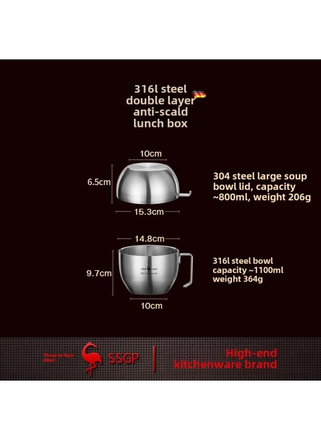 Generic - Three Or Four Steel Instant Noodle Bowl With Lid Stainless Steel Lunch Box Lunch Box Student Canteen Insulation Anti-scald Fast Food Cup-Specifications:Frankly 316l Fast Food Bowl (316l Steel Rice Bowl + 304 Steel Large Soup Bowl - Image 1