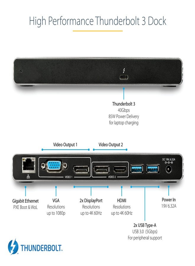 StarTech.com Thunderbolt 3 Dock - Dual 4K 60Hz Monitor TB3 Laptop Docking Station with DisplayPort, HDMI & 1080p VGA - 85W Power Delivery & Charging - 2x USB-A, Ethernet - Mac & Windows, TAA - Image 3