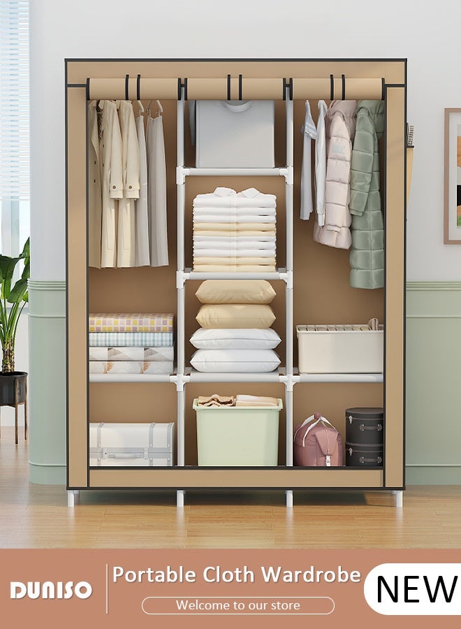 Portable Wardrobe Closet Clothes Organizer Large Capacity Storage With Reasonable Zoning , Storage Shelf with Non-Woven Fabric,6 Storage Shelves, 2 Hanging Sections,Durable and Easy to Assemble Storage Unit for Bedding