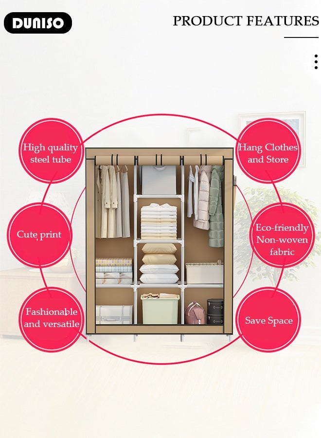 DUNISO Portable Wardrobe Closet Clothes Organizer Large Capacity Storage With Reasonable Zoning ， Storage Shelf with  Non-Woven Fabric,6 Storage Shelves, 2 Hanging Sections，Durable and Easy to Assemble Storage Unit for Bedding - Image 2