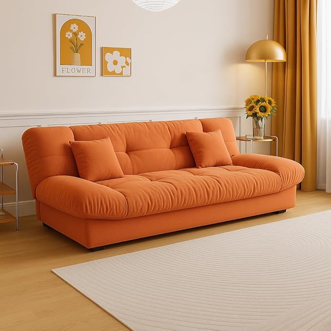 Poppins Home Modern 3-Seater Convertible Sofabed – Ultra Soft Tufted High Density Foam, Minimalist Scandinavian Style for Bedroom or Hotel Space Saving Folding Living Room Furniture (Orange) - Image 1