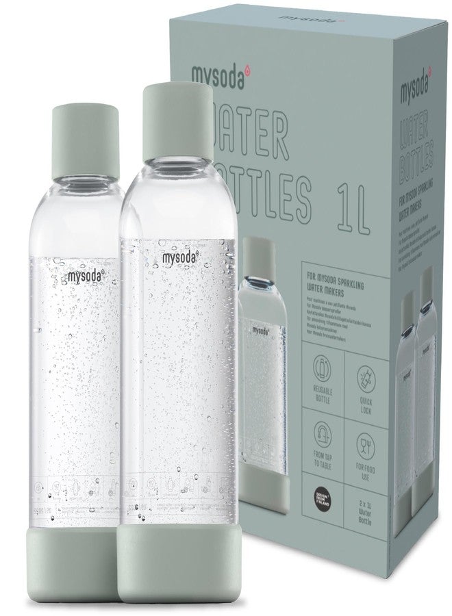 Mysoda Carbonating Bottles 2Pck 1L - Compatible With Drinkmate, Wassermaxx, Aqvia, Sodapop and Levivo - Quick-Lock Reusable Bottles - Lid and Base Made of Wood Composite - BPA Free - Sage Green - Image 1