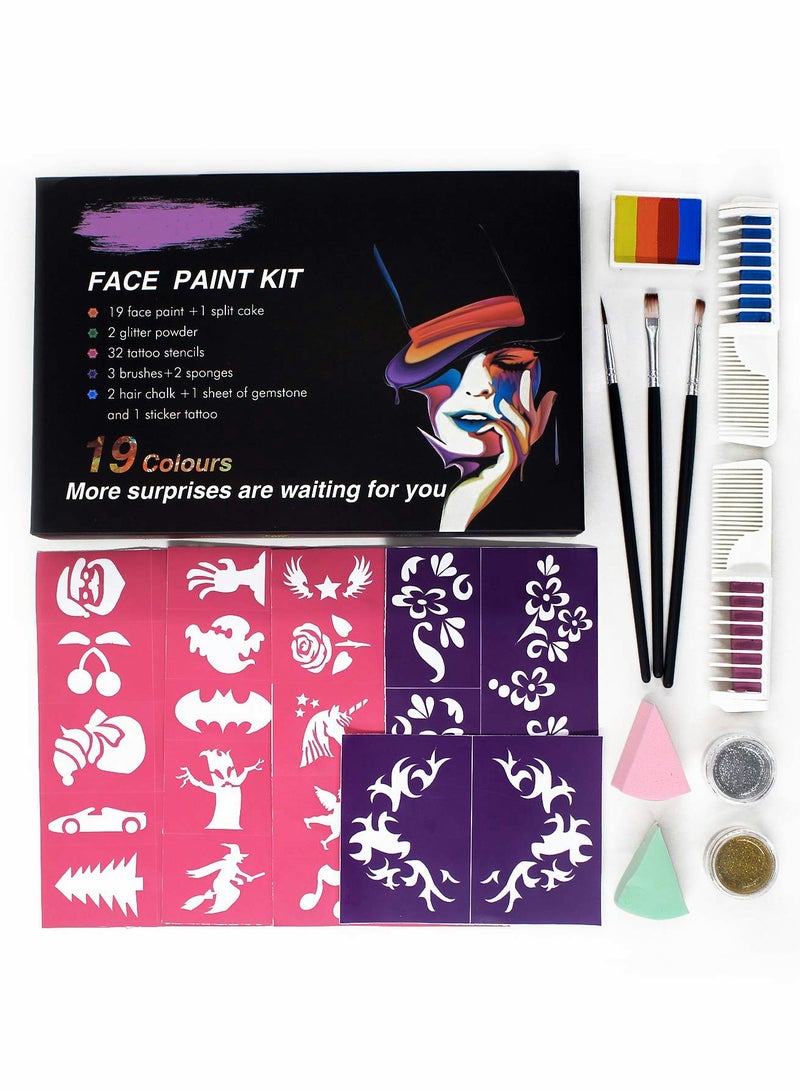 Professional 19-Color Face Paint Kit with 32 Stencil Stickers - Safe and Washable Makeup Set for Festivals, Birthday Parties, Cosplay - Multicolour Palette - Image 4