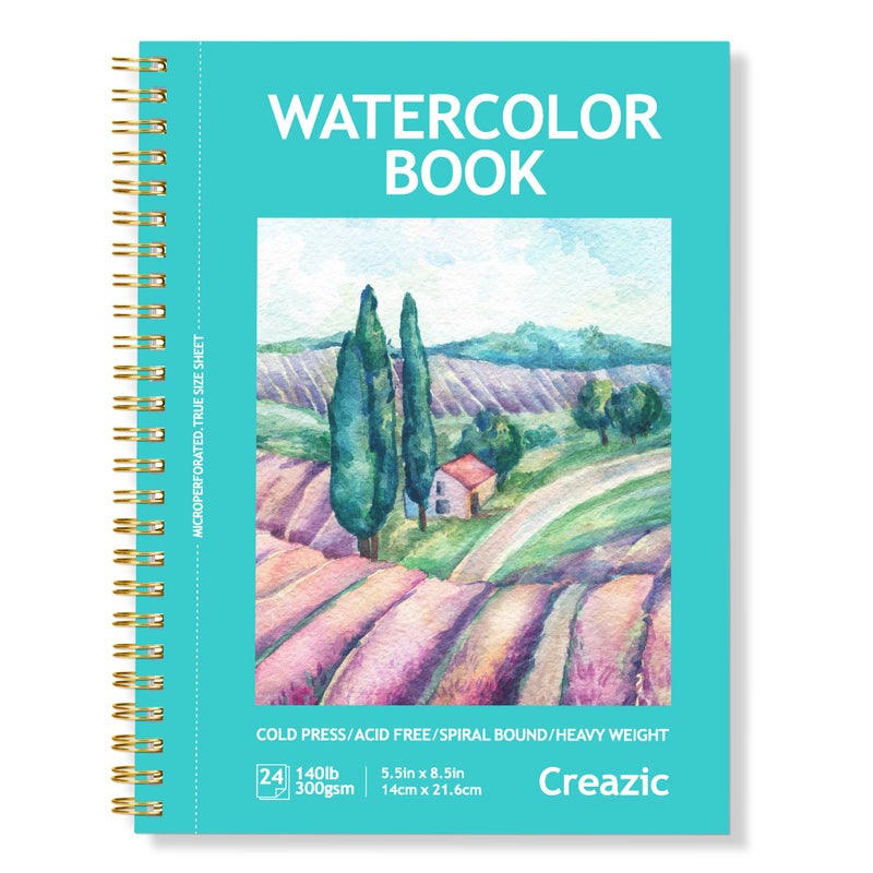 Creazic Watercolor Paper Pad, 5.5"x8.5â€ (24 Sheets, 140lb/300g), Spiral - Bound with Tear - Line. A Watercolor Journal and Sketchbook for Adults & Kids - Ideal for Smaller - Sized Exercises or Travel - Image 1