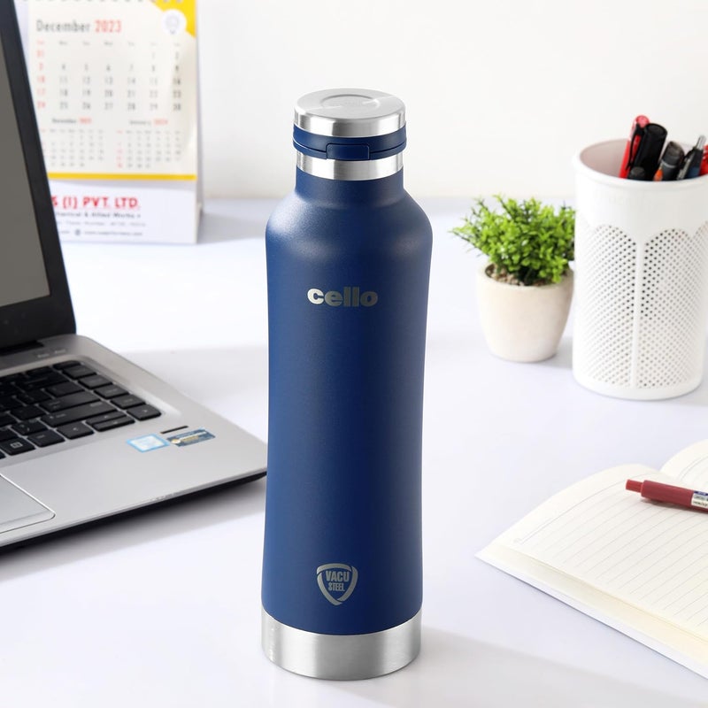 Cello Cello Duro One Touch Insulated Flask | Hot and Cold Stainless Steel Water Bottle | Durable DTP Coating |Vacuum Insulated Bottle for Travel, Home, Office, School | 800 ml, Blue  - Image 1