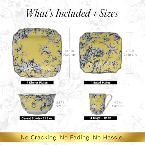 222 Fifth Adelaide Yellow 16-Piece Floral Porcelain Dinnerware Set | Microwave and Dishwasher Safe Dining Set for 4 | Stackable & Chip-Resistant Plates Bowls and Cups | Gift for Housewarming & Wedding - Image 2