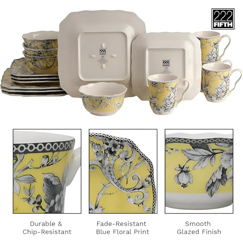 222 Fifth Adelaide Yellow 16-Piece Floral Porcelain Dinnerware Set | Microwave and Dishwasher Safe Dining Set for 4 | Stackable & Chip-Resistant Plates Bowls and Cups | Gift for Housewarming & Wedding - Image 5