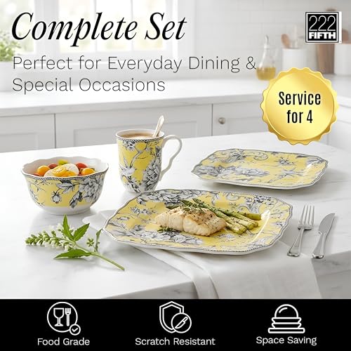 222 Fifth Adelaide Yellow 16-Piece Floral Porcelain Dinnerware Set | Microwave and Dishwasher Safe Dining Set for 4 | Stackable & Chip-Resistant Plates Bowls and Cups | Gift for Housewarming & Wedding - Image 4