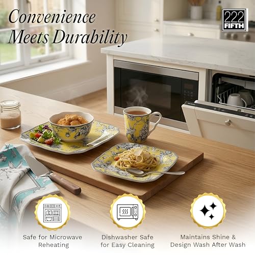 222 Fifth Adelaide Yellow 16-Piece Floral Porcelain Dinnerware Set | Microwave and Dishwasher Safe Dining Set for 4 | Stackable & Chip-Resistant Plates Bowls and Cups | Gift for Housewarming & Wedding - Image 3