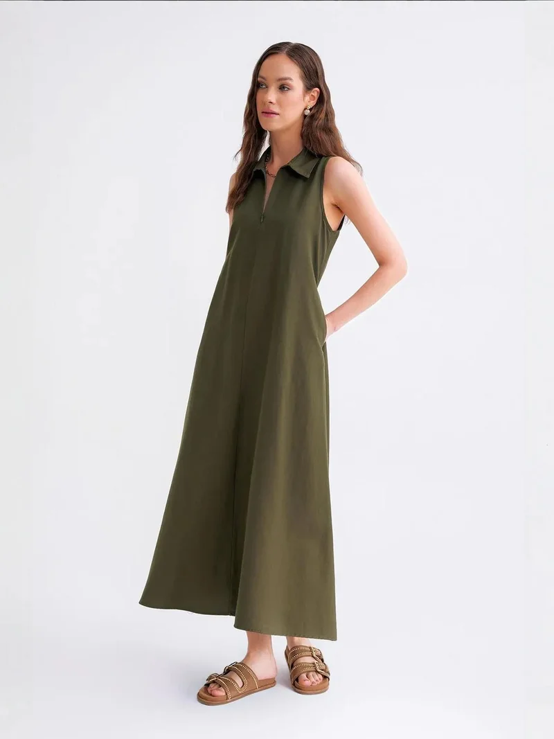 MixRay Mixray Zip-Front Shirt Collar Midi Dress