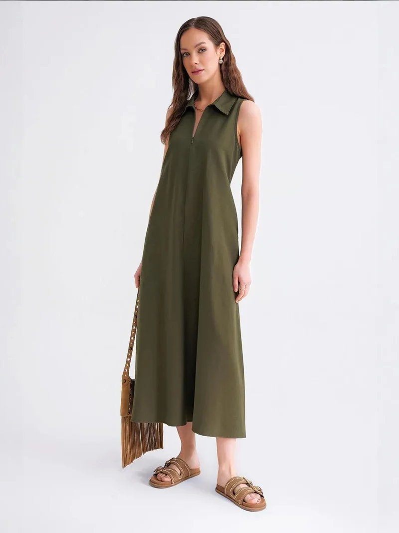 MixRay Mixray Zip-Front Shirt Collar Midi Dress