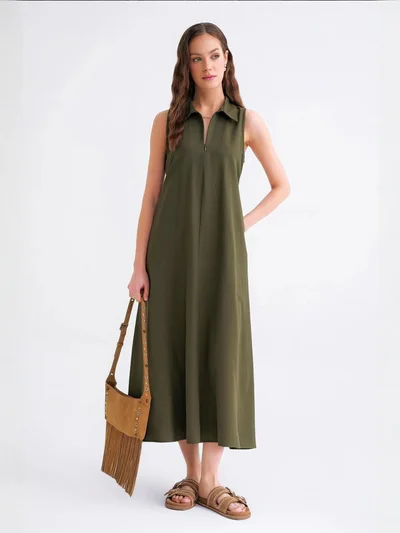 MixRay Mixray Zip-Front Shirt Collar Midi Dress