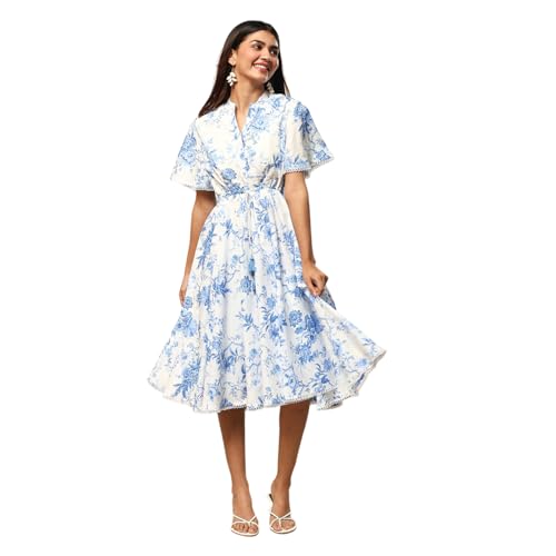 Biba Women's Off-White-Blue Cotton Flared Printed Dress_40 - Image 1
