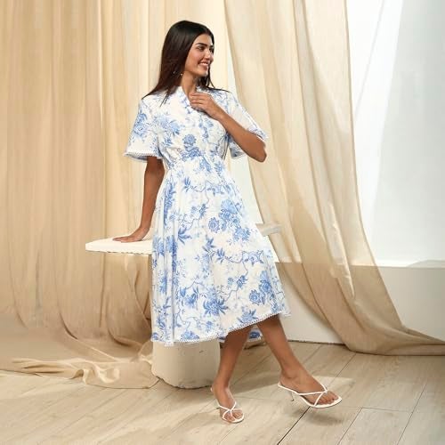 Biba Women's Off-White-Blue Cotton Flared Printed Dress_40 - Image 5