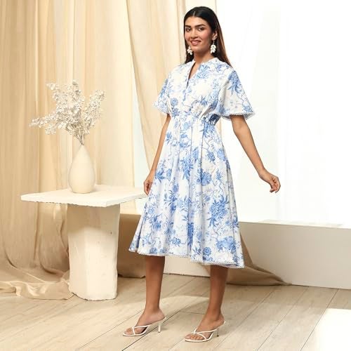 Biba Women's Off-White-Blue Cotton Flared Printed Dress_40 - Image 3