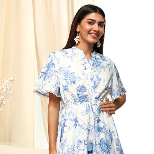 Biba Women's Off-White-Blue Cotton Flared Printed Dress_40 - Image 2