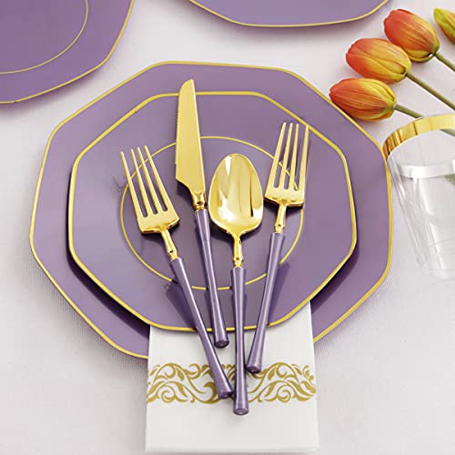KIRE 140Pcs Purple Plastic Plates with Gold Rim& Gold Disposable Plastic Silverware with Handle&Clear Cups&Hand Napkin- Geometric Purple Plastic Plates for Parties & Mardi Gras plates - Image 4