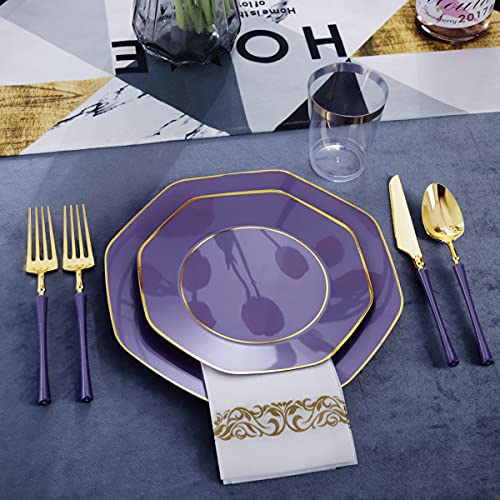 KIRE 140Pcs Purple Plastic Plates with Gold Rim& Gold Disposable Plastic Silverware with Handle&Clear Cups&Hand Napkin- Geometric Purple Plastic Plates for Parties & Mardi Gras plates - Image 5