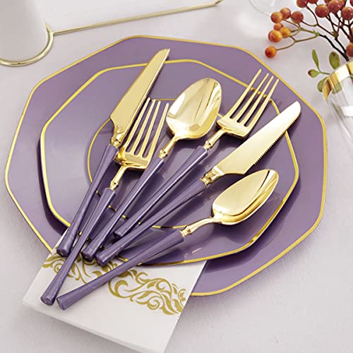 KIRE 140Pcs Purple Plastic Plates with Gold Rim& Gold Disposable Plastic Silverware with Handle&Clear Cups&Hand Napkin- Geometric Purple Plastic Plates for Parties & Mardi Gras plates - Image 3